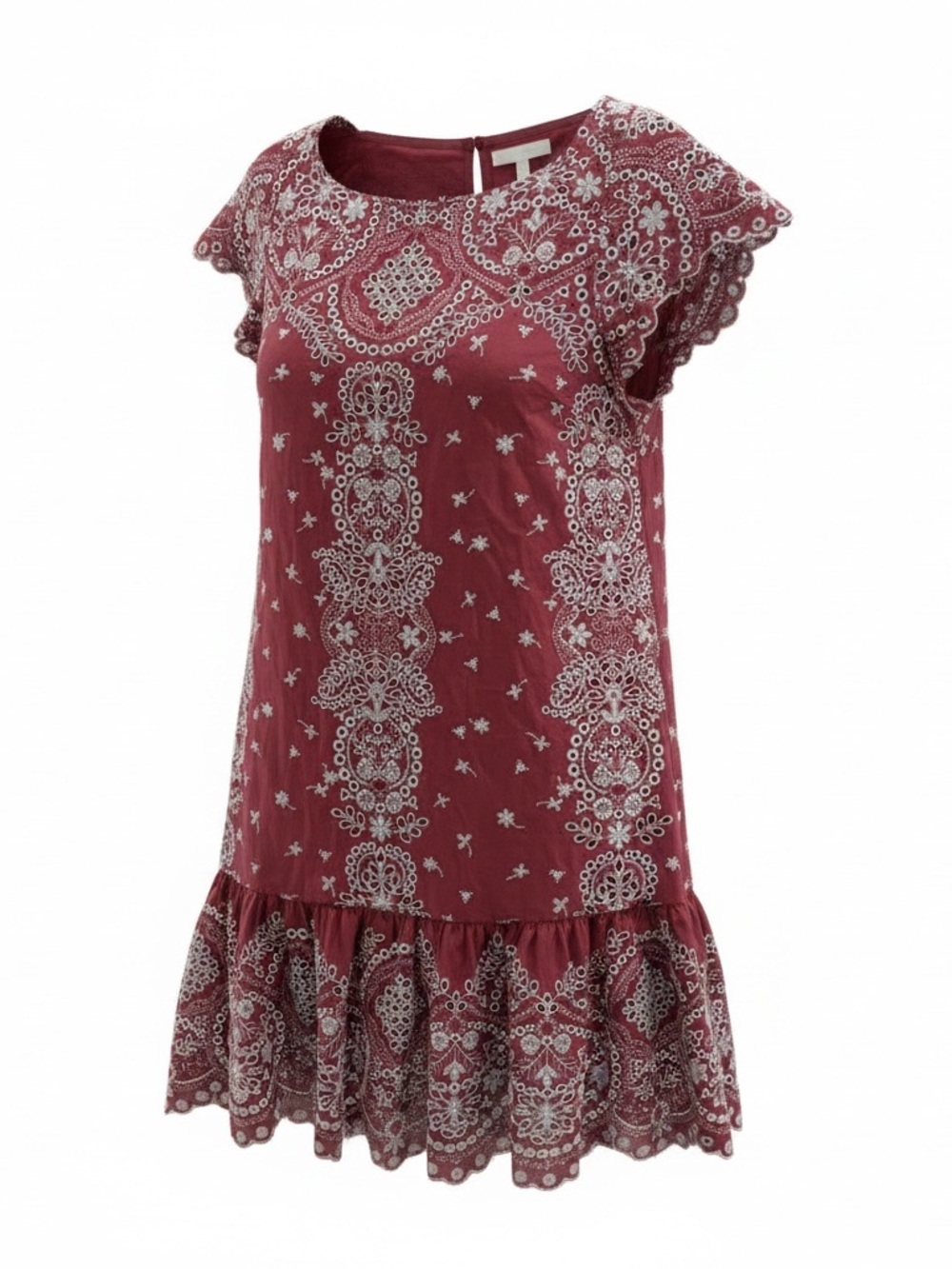 Anthropologie Maroon Embroidered Ruffled-Hem Mini Dress